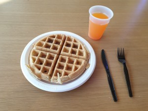 Everything plastic and the waffle tastes like cardboard :D